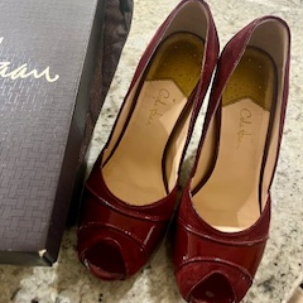 Cole Haan Peep Toe Pump, Dark Red, Paten, Suede & Leather. Size 9M
